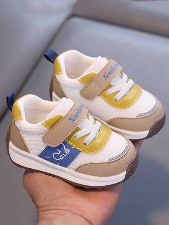 1 Pair Spring/Autumn New Style Design Fashion Cute Sports Shoes For Toddlers, Breathable Mesh Upper, TPR Soft Non-Slip Sole, Protective Toe Cap, Geometric Pattern Decoration, Suitable For 1-4 Years Old Boys And Girls Indoor/Outdoor Casual Walking Shoes