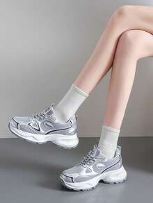 2025 New Women's Casual Sports Shoes, Thick Sole Mesh Breathable Chunky Sneakers, Silver, Fashion Versatile, All Season