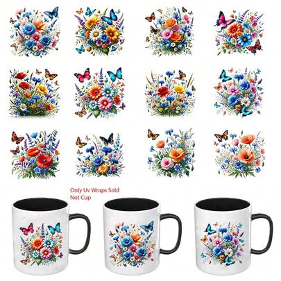 12 kolorowych naklejek UV DTF z motywem motyli i kwiatów polnych, z pięknymi naklejkami artystycznymi z motywem kwiatów polnych, odpowiednich do kubków, butelek, mebli DIY, szkła, wyrobów szklanych, butelek i rękodzieła