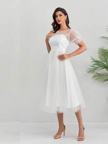 Short Wedding Dress, Round Neck, Ankle-Length Pointed Toe Sheer Fabric, Short Sleeve, Elegant Sheer Bridal Gown - White - View 4