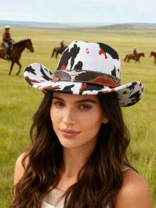 1pc Unisex Bull Head Decor Cow Print Western Cowboy Hat - For Travel Leisure, Daily Wear, Bar & Western Theme Parties - Multicolor - View 3