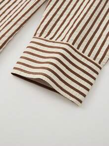 Plus Size Men's Fashion Striped Pleated Textured Fabric Collared Long Sleeve Shirt, Retro Minimalist Style Suitable For Casual Outings And Commuting - Brown - View 7