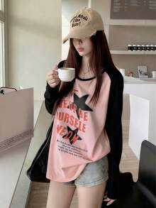 Vintage Color Block Long Sleeve T-Shirt For Women, Thin Loose Niche Raglan Sleeve Top, Autumn - Pink - View 3