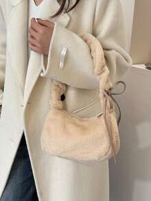 新款女士INS风小方包斜挎包，时尚链条毛绒包，秋冬韩版小方包 - 卡其色 - 查看 3