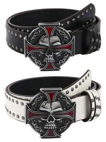 1 chiếc thắt lưng nam phong cách punk rock cổ điển, thắt lưng cá nhân hóa với đinh tán đen, thiết kế hình chữ thập và đầu lâu, thời trang. - skull Cross - Xem 1