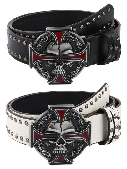 1 pieza Cinturón vintage de hombre estilo punk rock con tachuelas, cinturón personalizado con tachuelas negras, diseño de cruz y calavera, moda