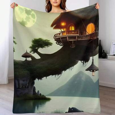 Moonlit Tree House Generated By Artificial Intelligence Throw Blanket Thins Personalized Gift Cosplay Anime Quilt Blankets
