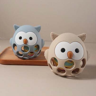 Silicone Teether Baby Gift Owl Shaped Cartoon Cute Teething Toy  Chew Bead Sensory Gum Relief Soother Bell Sound Soft Cute