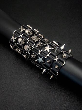 Adjustable Length Punk Style Leather Bracelet, Multiple Designs Available - Skull, Rivet, Star Element, Suitable For Daily Wear, Great Gift For Boyfriend