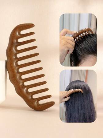 1pc Wide-Tooth Comb, Natural Sandalwood Coarse-Tooth Comb, Large-Tooth Sandalwood Massage Comb, Wooden Therapy Comb, Thick-Tooth Massage Comb Multi-Function Scalp Meridian Massage Brush, Anti-Static Hair Brush, Suitable For Curly, Permed And Straight Hair, Women's Household Comb, Body Care Tool