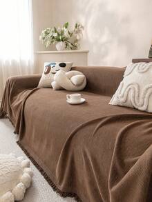 1pc High Pile Chenille Sofa Cover, Herringbone Solid Color Sofa Blanket, All Season Universal Sofa Throw, Anti-Dust And Anti-Scratch, One-Piece Sofa Cover - Brown - View 4