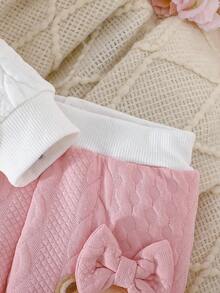 Newborn Baby Girls Cute Bear & Bow Flocked Embroidered Long Sleeve Top And Contrast Color Simple Long Pants 2 Pieces Outfit