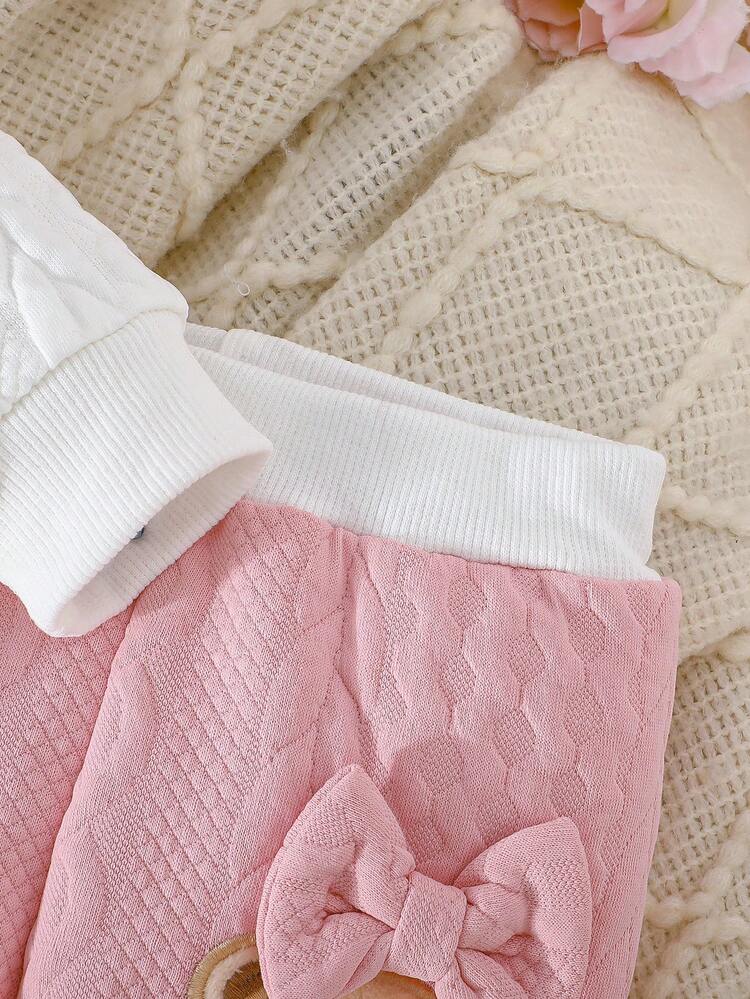 Conjunto de 2 piezas para recién nacidas con blusa de manga larga con bordado de oso y moño, y pantalones largos de color contrastante simple - Rosa - Añade 8