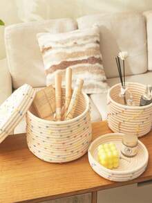 1pc/2pcs Dotted Rope Woven Storage Basket With Lid, Desktop Organizer Box, Key And Miscellaneous Items Storage Box, Home Decor - Multicolor - View 8