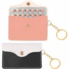 2 Pack Contraceptive Holder Birth Control Pill Case Sleeve Packet PU Leather Wallet Pill Holder, Birth Control Case With Snap Closure And Keyring, 4.33x 2.87 Inch, Black/Pink - 黑色+粉紅色 - 查看 1