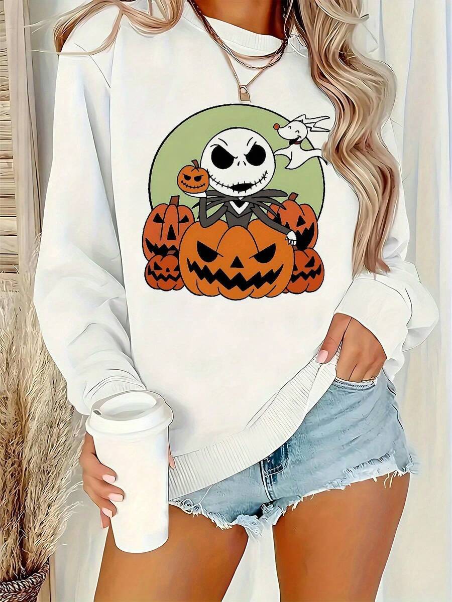 Nightmare Before Christmas Women's Sweatshirt - Tim -Inspired  & Sally Design, Cozy Fall Winter Pullover, Casual Crewneck Sweater For Themed Events & Casual Attire - 白色 - 查看 1