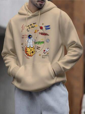 男士宇航员火箭印花休闲长袖抽绳连帽抓绒卫衣，冬季款