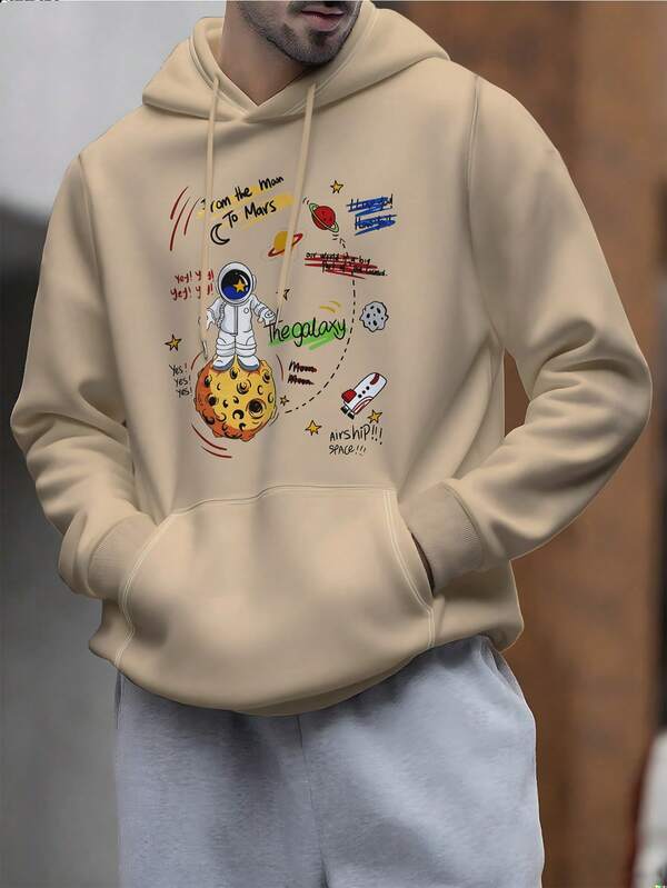 Sudadera con capucha casual de manga larga con cordón, estampado de cohete astronauta, con forro polar, sonrisa, para hombres
