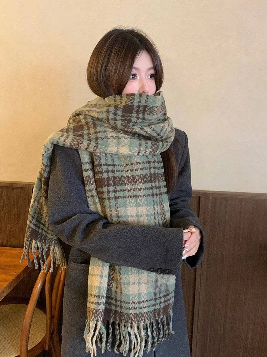 1 件粉色韩式柔软舒适网格图案围巾,冬季可用作围脖和披肩 - 綠色 - 查看 1