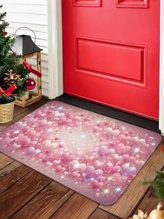 1件情人节粉色爱心门垫，适用于玄关、客厅、卧室、浴室、走廊、洗衣房、厨房、阳台等室内场所，可用作入口地毯。现代涤纶长方形防滑吸水地垫 - 室内家居装饰，易于清洁，柔软法兰绒浴室垫，浴室地毯。