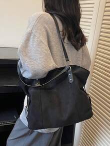 高品质大容量手提包，新款时尚复古通勤单肩托特包，女士款 - 黑色 - 查看 9