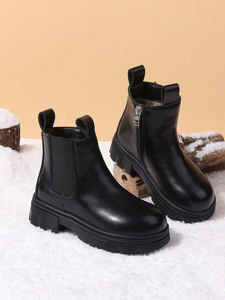 1 Pair Children's Warm Boots, Girls Casual High-Top Thermal Lined Anti-Slip Leather Boots For Autumn/Winter - Black - View 1
