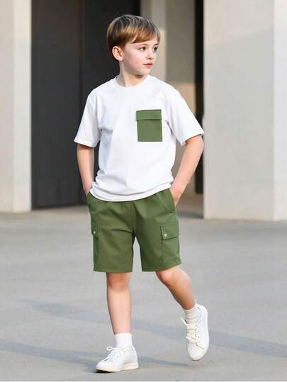 2pcs/Set Older Boys' Spring/Summer Short Sleeve T-Shirt And Shorts, White & Green Color Block Utility Design Vintage Casual Outfit, Outdoor Sports Leisure Suit