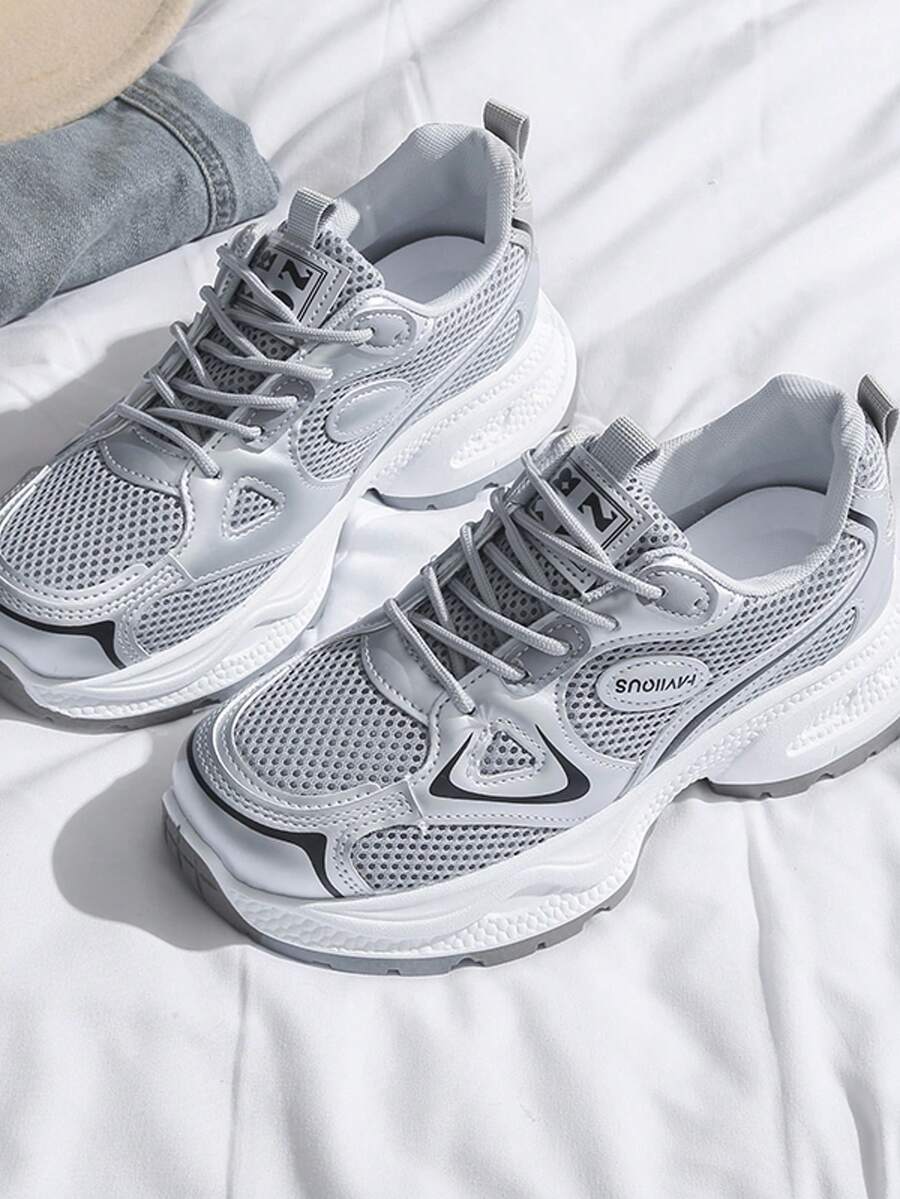 2025 New Women's Casual Sports Shoes, Thick Sole Mesh Breathable Chunky Sneakers, Silver, Fashion Versatile, All Season