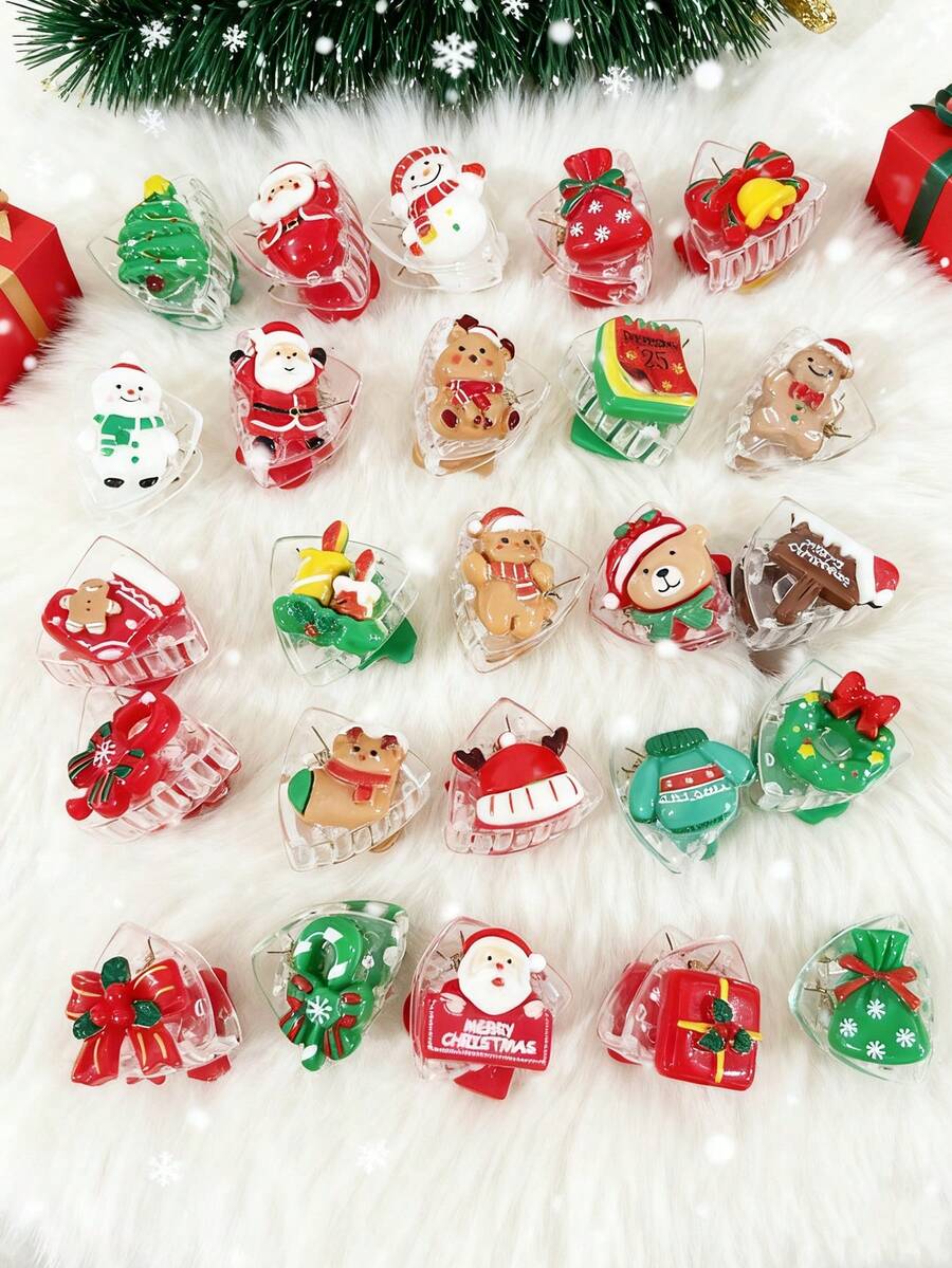 20pcs Women's Christmas Themed Random Assorted Christmas Tree, Santa Claus, Snowman, Gift Bag, Teddy Bear, Gingerbread Man, Triangle Hair Clips Hair Claw Winter Hair Accessories Fashion Claw Clips - Claw Clamp - View 1