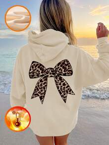 1件少女休闲印花套头卫衣，保暖内衬，长袖，秋冬季 - 时尚豹纹和蝴蝶结设计，专为追求独特卫衣的你打造 - 杏色 - 查看 9