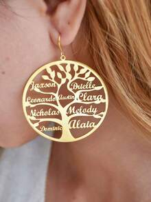 Personalized Family Tree Name Hoop Earrings,Custom Family Names Earrings,Personalized Christmas Tree Of Life Earrings,Women's Jewelry,Exaggerated Custom Hoops,Multiple Names Earring,Custom Hoop,Fashion Christmas Gifts, Gifts For Family Members - Gold - View 3