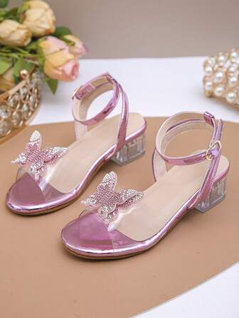 1 Pair Girls' Shiny Rhinestone Transparent Leather Round Toe Low Heel Adjustable Buckle Dance/Princess Sandals, Suitable For Summer Banquets, Events, Performances