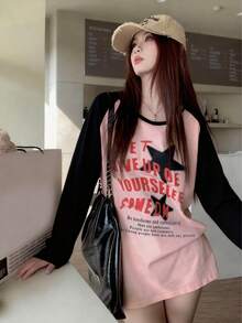 Vintage Color Block Long Sleeve T-Shirt For Women, Thin Loose Niche Raglan Sleeve Top, Autumn - Pink - View 1