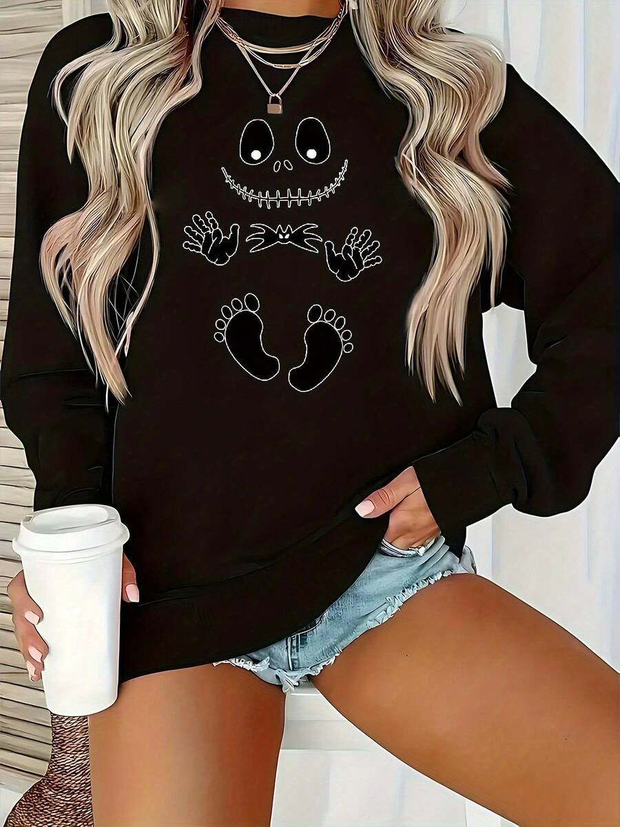 Nightmare Before Christmas Women's Tim -Inspired Jack Skellington & Sally Graphic Sweatshirt - Cozy Round Neck Pullover For Fall/Winter, Casual Crewneck Sweater For Fans, Themed Parties & Casual Attire - màu đen - Xem 1