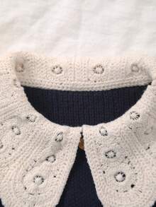 Girls Knitted Cardigan With Embroidered Floral Collar Decor - Xanh đậm - Xem 2