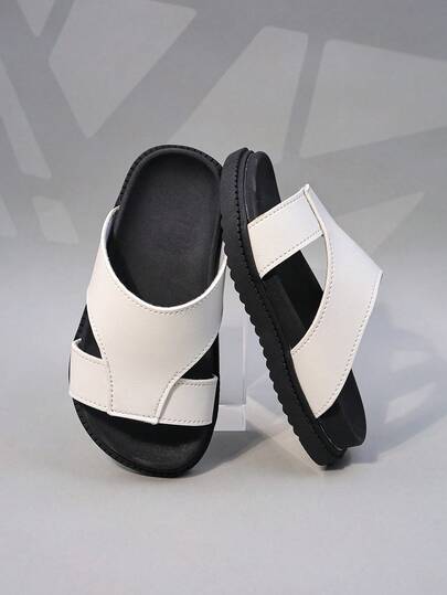 This Girls' Sandals Feature A Simple Criss-Cross Strap Design, Faux Leather Material, Foot-Hugging Fit, Open Toe Low-Top, No-Strap Design, Flat Sole, Fashionable And Minimalist, Suitable For Indoor Play And Daily Summer Wear.