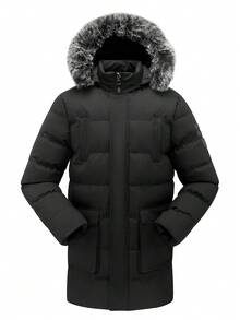 Men's Thick Mid-Length Detachable Hooded Padded Jacket With Fur Collar, Casual Outdoor Zipper Jacket With Large Side Pockets, Suitable For Outdoor Daily Wear In Winter,Fleece - Black - View 3