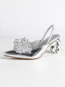 Women's High Heels. Pointed Toe Glossy Handmade Beaded Elastic Strap, Asymmetric Heel, Comfortable. Luxurious, Sparkling Rhinestones, Suitable For Parties, Gatherings, Balls, Shopping, Various Occasions And Holidays, Basic Silver High Heel Shoes - Silver - View 11