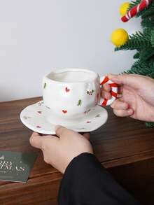 CMYD Studio 1 件 280 毫升原创北欧风格手工陶瓷咖啡杯碟套装，多色格子、心形、云朵、花卉图案，适合下午茶、牛奶、拿铁、甜点盘 - 很棒的礼物