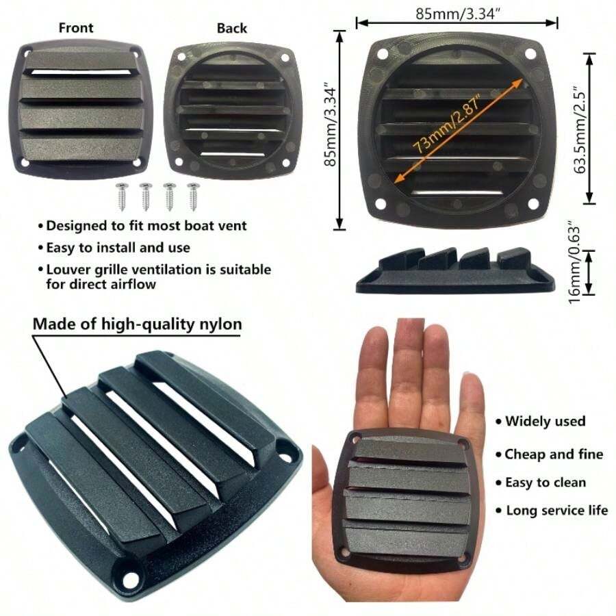 Marine Boat Square Vent, Black Louver Ventilation Grille, Stainless Steel Screws2 Pcs - Initial - View 1