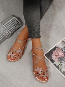 Giày sandal đế bằng, hở mũi, dây chun, kiểu dáng đơn giản, thoải mái, phù hợp với mùa hè dành cho nữ - Rượu sâm banh - Xem 3