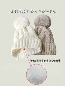 Damen warme gestrickte Mütze mit großem Fellbommel, einfarbig, vielseitig, dick gefüttert, geeignet für Outdoor-Radfahren, modisch personalisiert, lässig elegant im Retro-Street-Style, Polyester, Herbst Winter Halloween