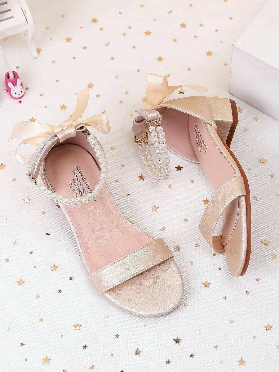 Summer New Arrival Printed Fabric Strap Girls High Heel Sandals, Girls' High Heel Dance Shoes For Student Performance And Daily Activities, Wedding Shoes - Apricot - View 1