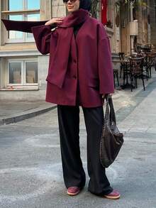 1 pieza Chaqueta con botones delanteros y bolsillo de unicolor acanalado de moda y versátil para mujer (incluye bufanda) - Rojo - Ver 3