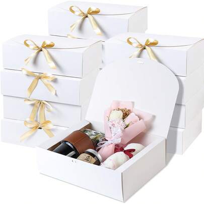 10 Caixas Presenteáveis com Tampa - Branco/Preto/Rosa/Madeira Natural + Fita Presentes Perfeitos para: Casamentos, Noivados, Aniversários, Dia das Mães & Dias dos Namorados Caixas Presente para Natal