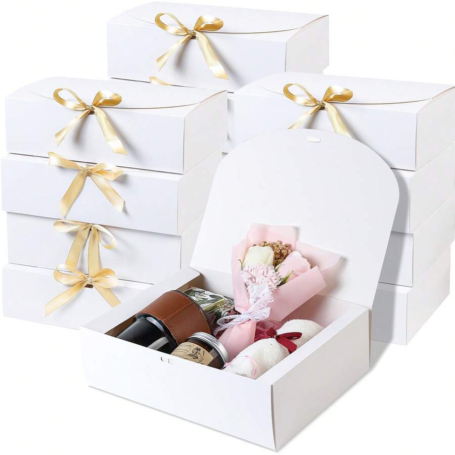10 Pieces White, Black, Pink, Wood Color- Gift Box With Lid, Gift Box With Ribbon For Bridesmaid Proposal Box, Gift Box For Wedding, Anniversary, Bridal Shower And Other Parties, Valentine's Day Gifts, Valentine's Day - 白色 - 查看 1