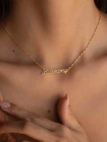 定制亮面哑光名字项链，女士个性化吊坠项链，经典字母颈链，不锈钢镀金草书名字手工吊坠铭牌首饰，圣诞新年礼物送给女友/爱人 - 金色-水波鏈 - 查看 4