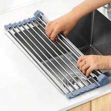 Over The Sink Dish Drying Rack, Roll Up Dish Drying Rack Kitchen Dish Rack Stainless Steel Sink Drying Rack, Foldable Dish Drainer, Gray - Light Grey - View 12