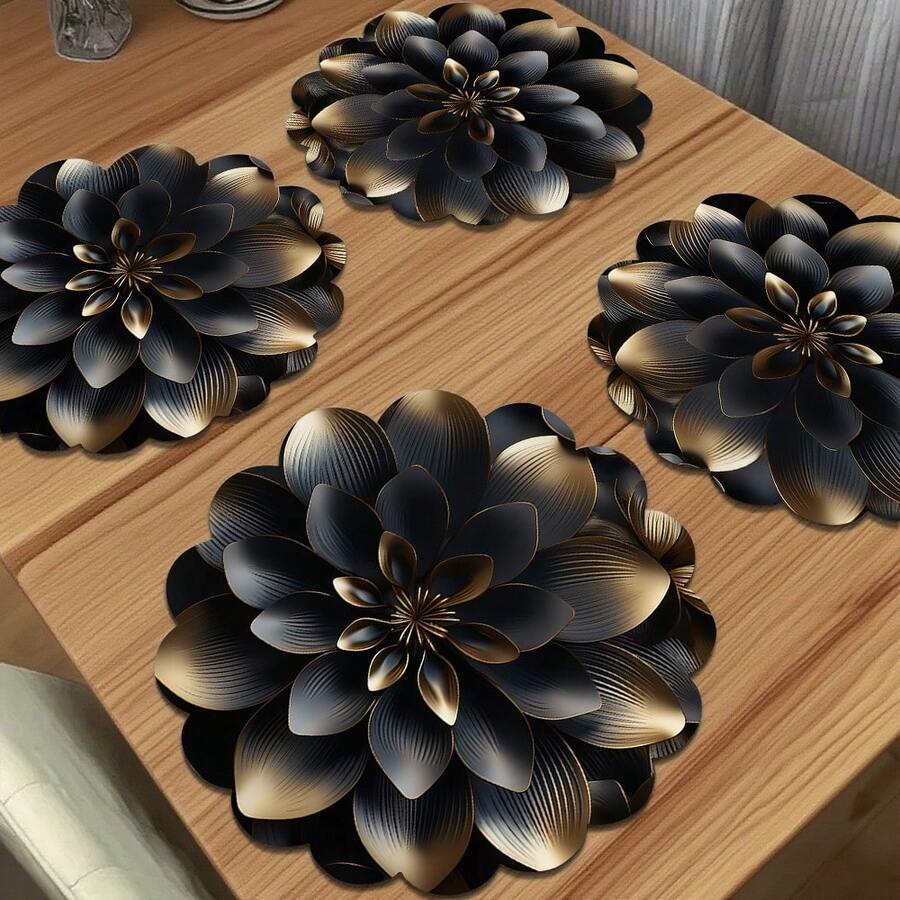 4 Pieces Modern Black Gold Stacked Petal Metal Texture Placemats - Luxury Table Art, Rectangular Polyester Placemats, Elegant Floral Design, Hand Wash Only, Table Decoration - 4件裝 - 15x15英寸 - 查看 1