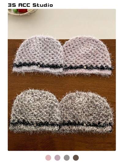 女士时尚蓬松针织帽，保暖复古小号头围设计，手工钩织，适合秋冬季佩戴